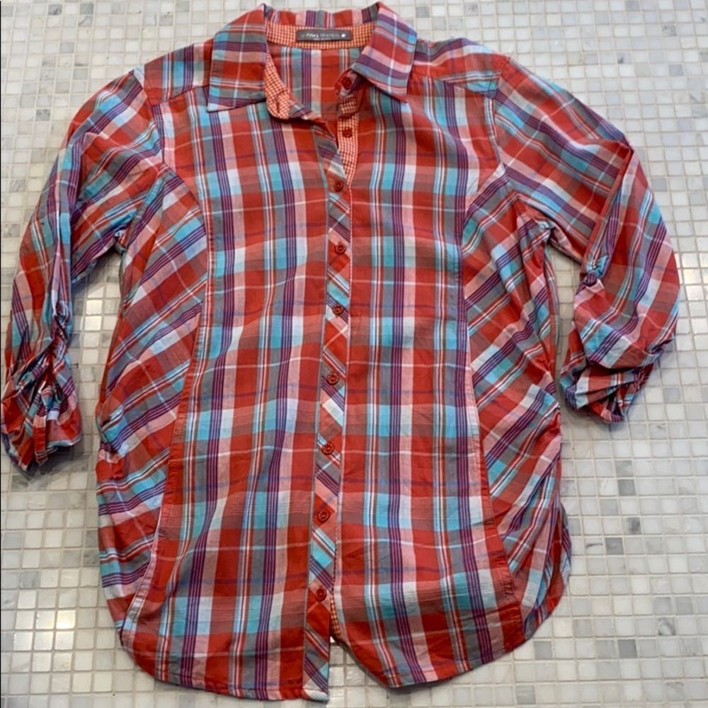 Olivia Moon Plaid Button Down with Ruched Sleeves